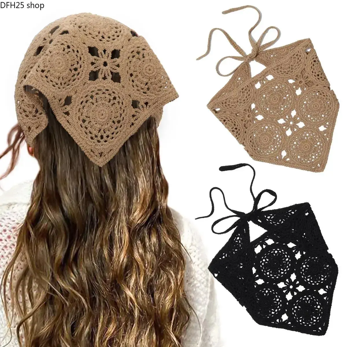 Crochet Hair Bandana for Women, Vintage Head Scarf Kerchief for Daily Styling, Lightweight Knit Hair Accessory with Elegant Design
