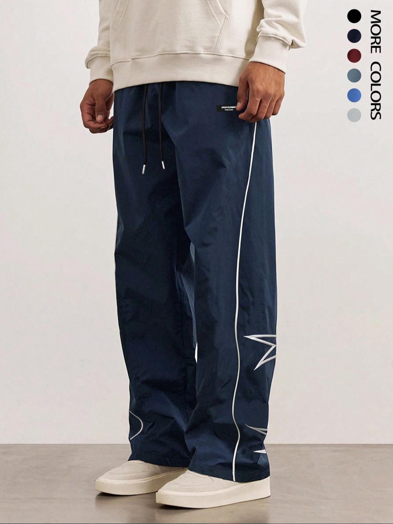 Men's Letter Patched Star Print Drawstring Waist Pants, Casual Fashion Loose, Casual Pocket Design Comfy Pocket Straight Leg Trousers for Daily Wear, Fashion Men's Bottoms for All Seasons