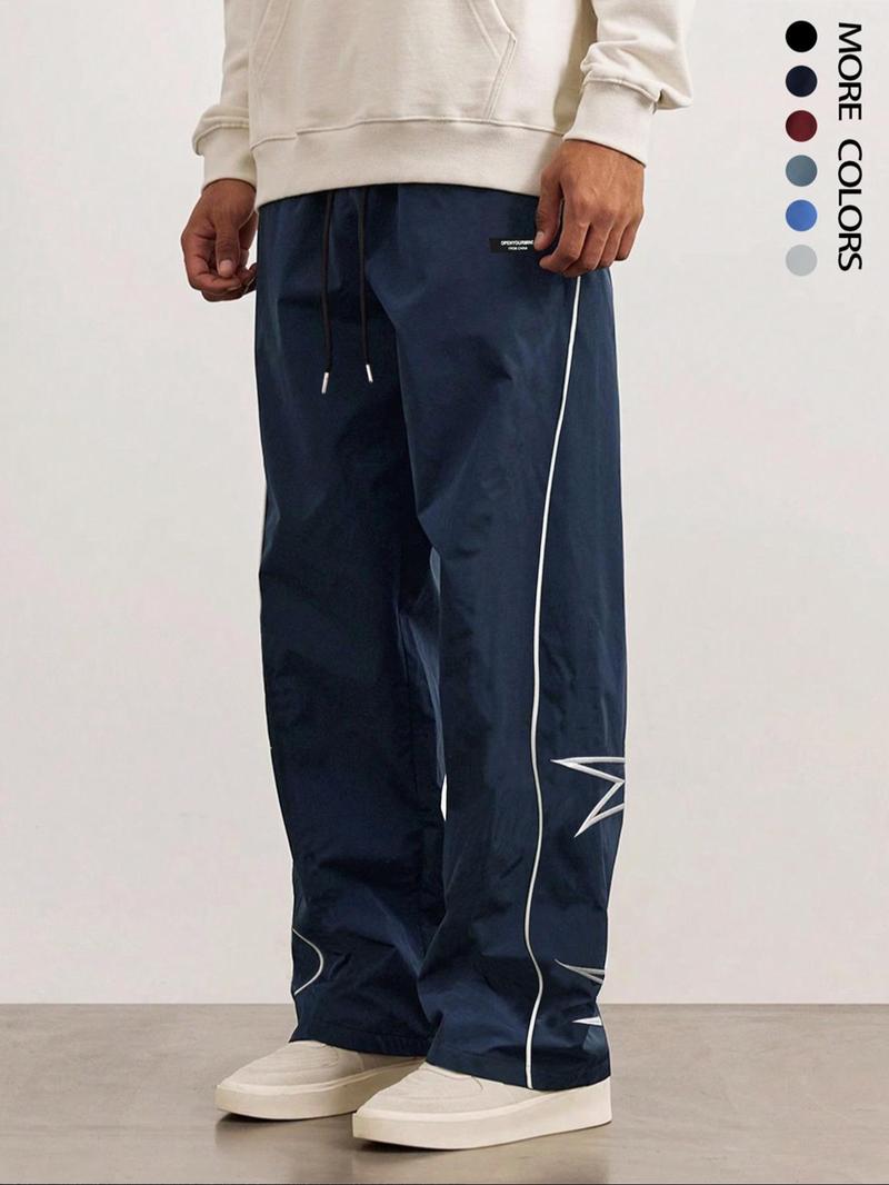 Men's Letter Patched Star Print Drawstring Waist Pants, Casual Comfy Pocket Straight Leg Trousers for Daily Wear, Fashion Men's Bottoms for All Seasons