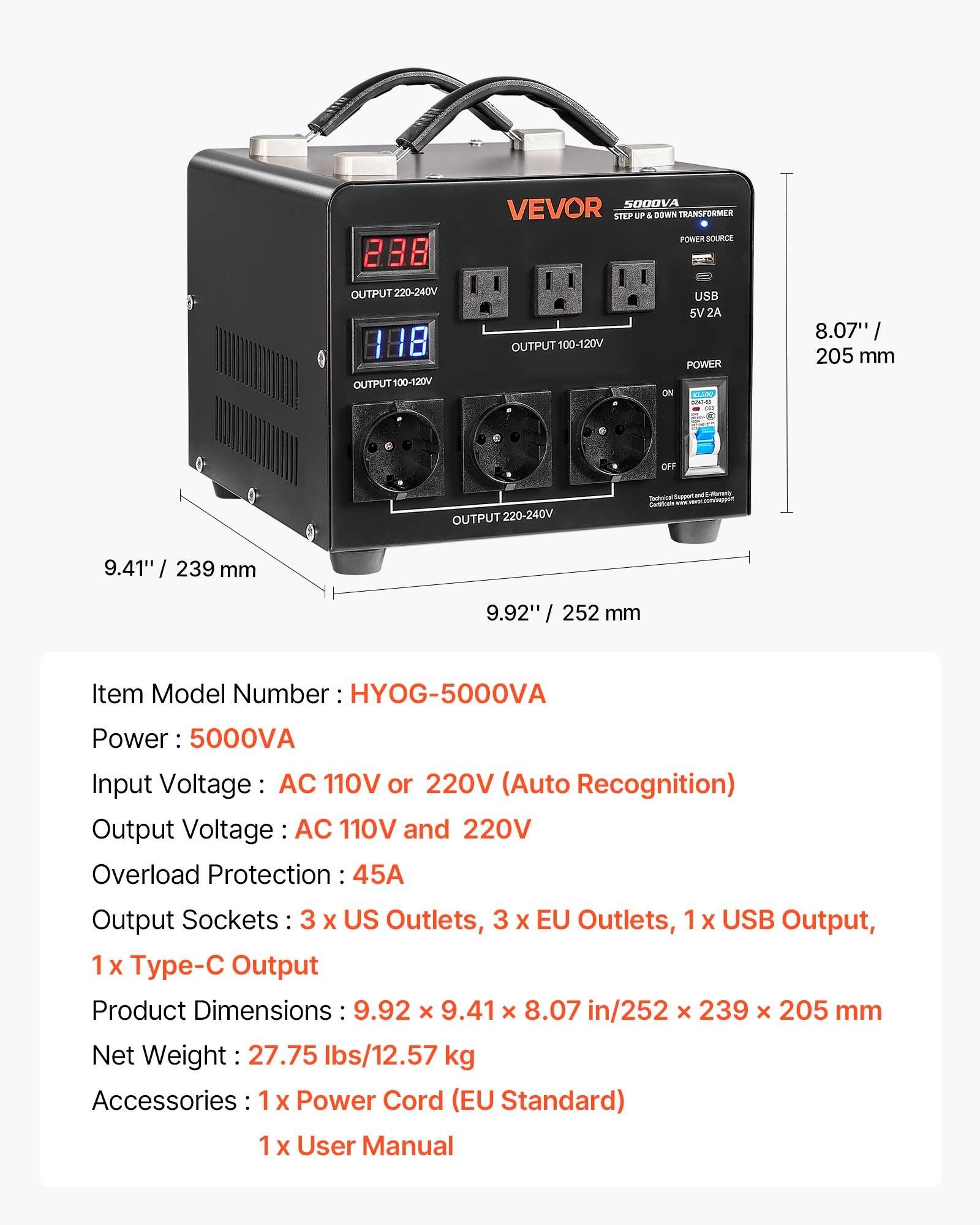 VEVOR Voltage Auto Converter Transformer, 5000VA, Heavy Duty Step Up/Down Power Transformer, 110V to 220V and 220V to 110V, with 3 US Outlets, 3 EU Outlets, LCD Display, Circuit Breaker Protection VEVOR Voltage Auto Converter Transformer, 5000VA, Heavy Duty Step Up/Down Power Transformer, 110V to 220V and 220V to 110V, with 3 US Outlets, 3 EU Outlets, LCD Display, Circuit Breaker Protection