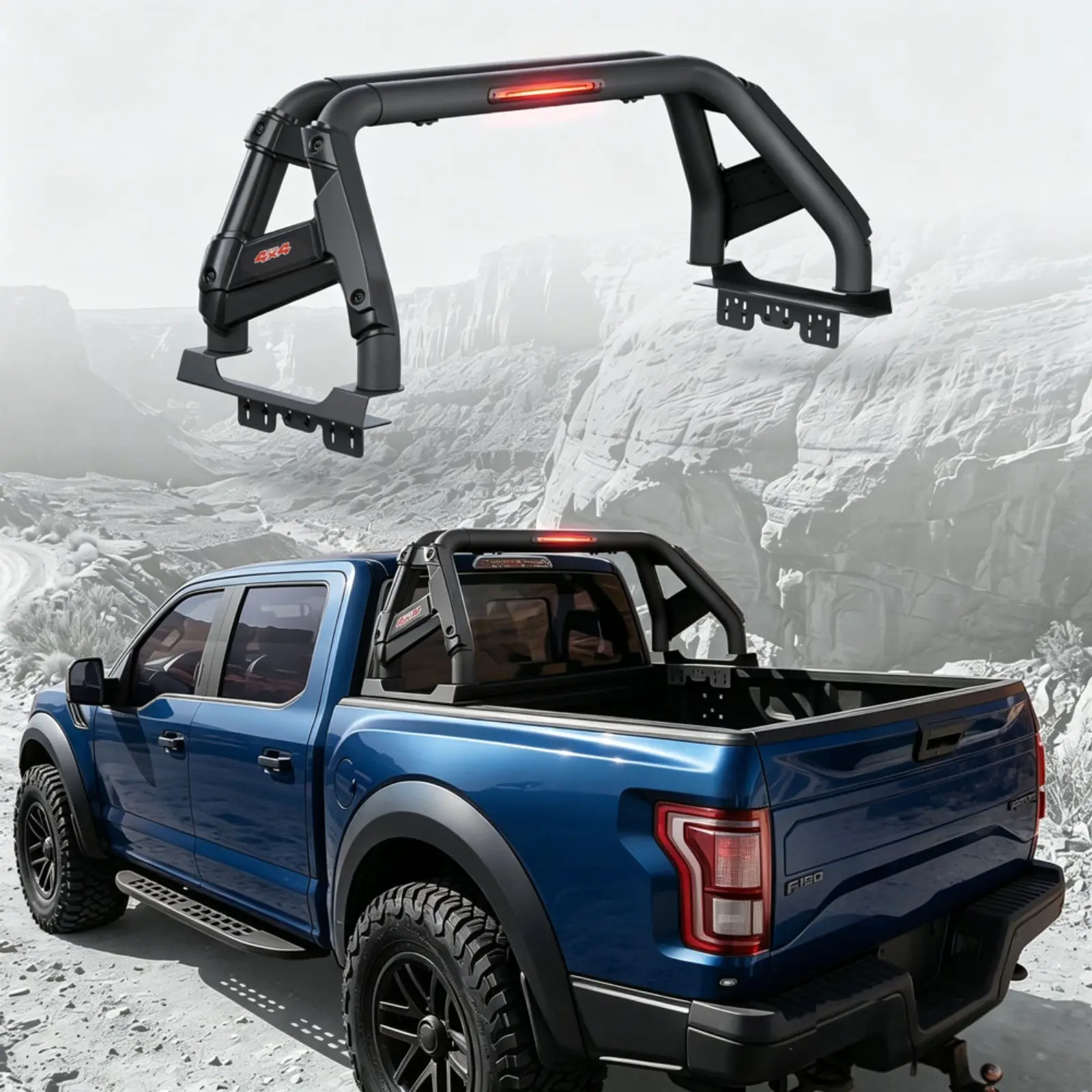 Adjustable Clamped Mount Roll Bar Chase Rack with LED Compatibility, Size Range 56-65 in, for F150 Silverado Ram Tundra Pickup Trucks