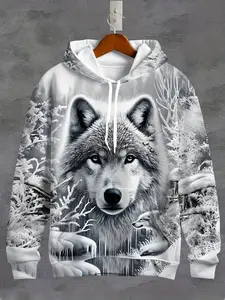 Men's Asymmetrical Long Sweatshirt, Loose-Fitting Casual Style, All-Over Wolf Pattern, Fall & Winter Outerwear, Plain Surface Design