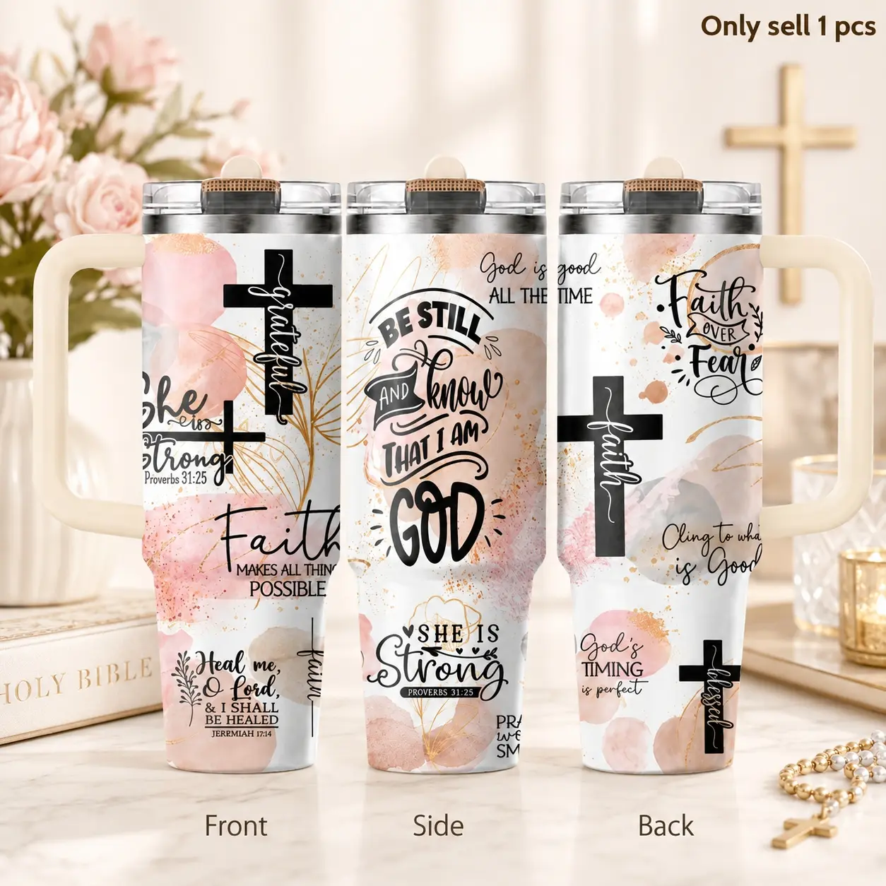 Faith Inspired Scripture 40oz Tumbler – Christian Inspirational Quote Stainless Steel Insulated Cup with Handle & Straw Lid, Leakproof Travel Mug for Water, Coffee, Church, Office, Gym, Faith Gift