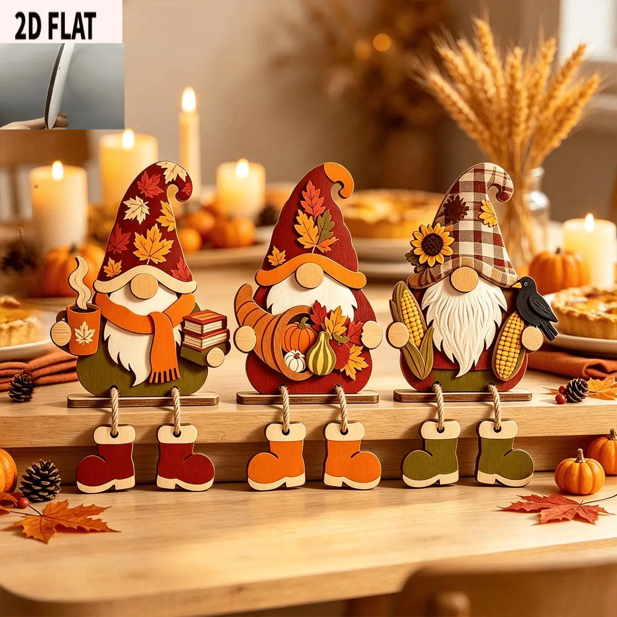 3-Piece Autumn Gnome Wooden Desktop Decor, Maple Leaf Pumpkin Shelf Display, Thanksgiving Harvest Tray Ornament for Home Kitchen