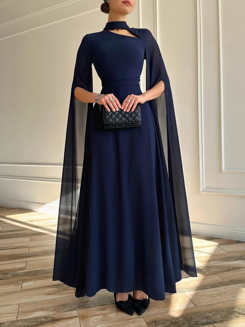 1pc Elegant Formal Evening Long Dress with Cape Sleeve, Wedding Guest Dress Women