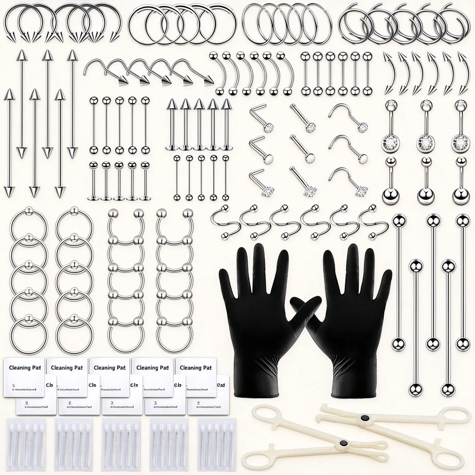153 sets of tool kits: 12G, 14G, 16G needles and 316L stainless steel jewelry, suitable for the nose, abdomen, lips, ears and other areas.