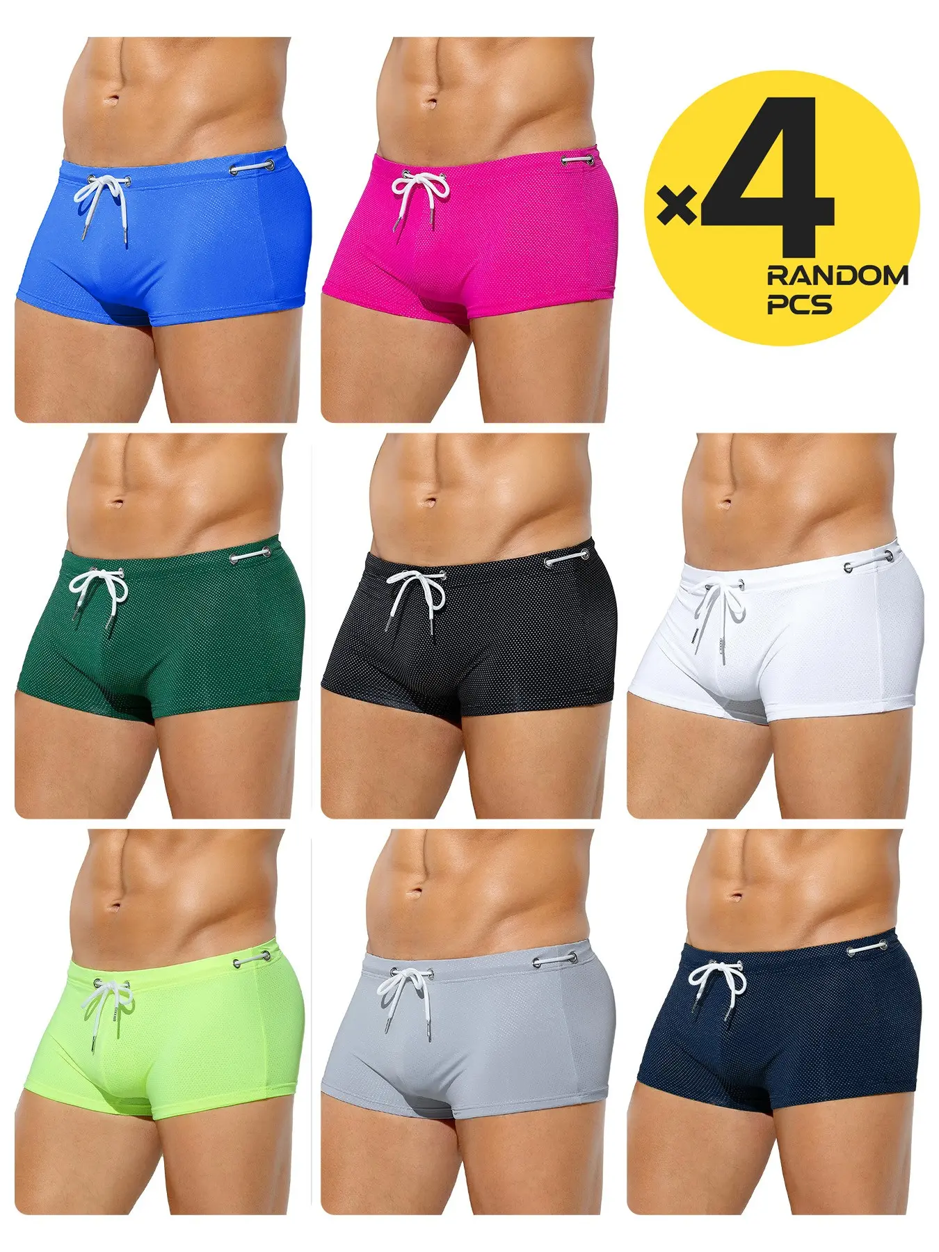 2/3/4Pcs Random Solid Men's Boxer Swim Trunks, Bikini Style, Drawstring Waist, Stretch Quick-dry Mesh, Perfect for Beach, Pool & Vacation Parties, Drawstring Swim Shorts, Swimwear Shorts, Summer Swim Trunks