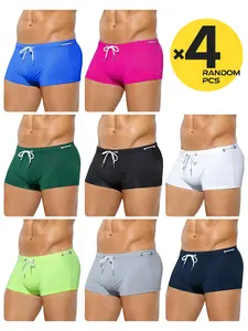 2/3/4Pcs Random Solid Men's Boxer Swim Trunks, Bikini Style, Drawstring Waist, Stretch Quick-dry Mesh, Perfect for Beach, Pool & Vacation Parties, Drawstring Swim Shorts, Summer Swim Trunks