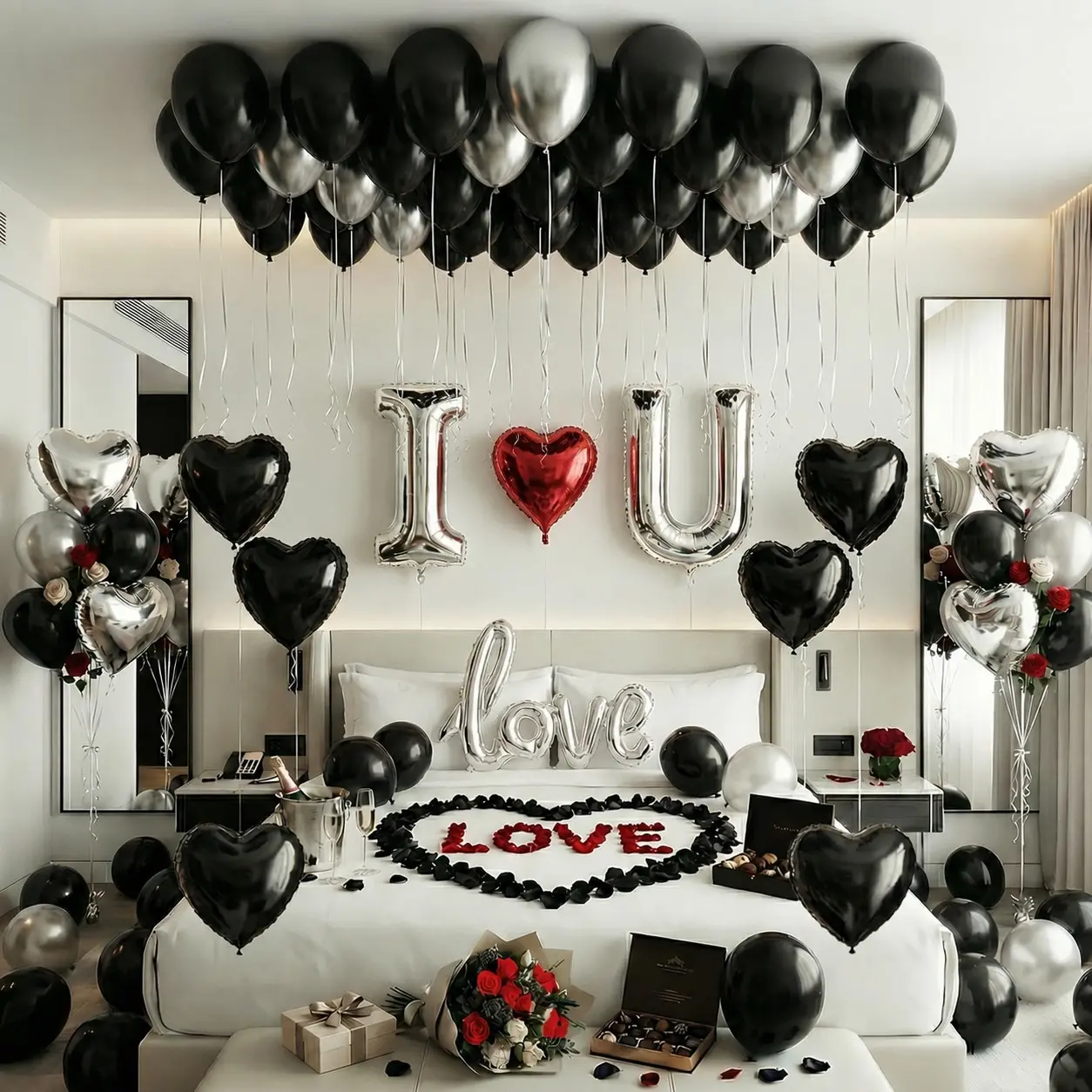 Black Silver Romantic Magical Special Night Decorations with I Love You and Heart Balloons & 2000 Rose Petals for Anniversary, Valentine Day, Bedroom, Hotel Room, Birthday Decorations for Him Gifts