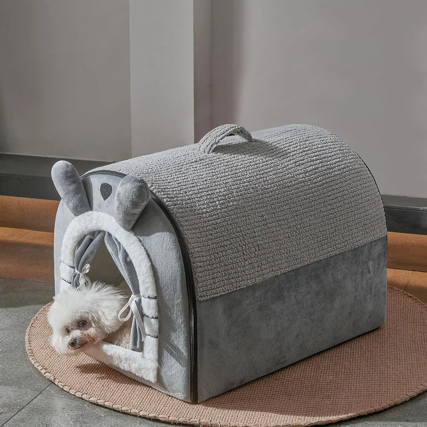 Small Dog House Indoor, Cat House with Door Curtain Design, Puppy House with Reversible Washable Cushion, M Size Portable Pet Cave for 7-13 lb Cats and 5-11 lb Dogs, Non-Slip Bottom, Grey