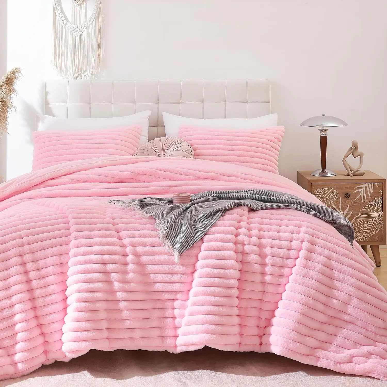 Queen Size Comforter 3 PCS - Pink Fleece Bedding Set| Luxury Fuzzy Plush & Soft Bed Set All Season, Cozy Warm Faux Fur Stripe Comforter with 2 Pillow