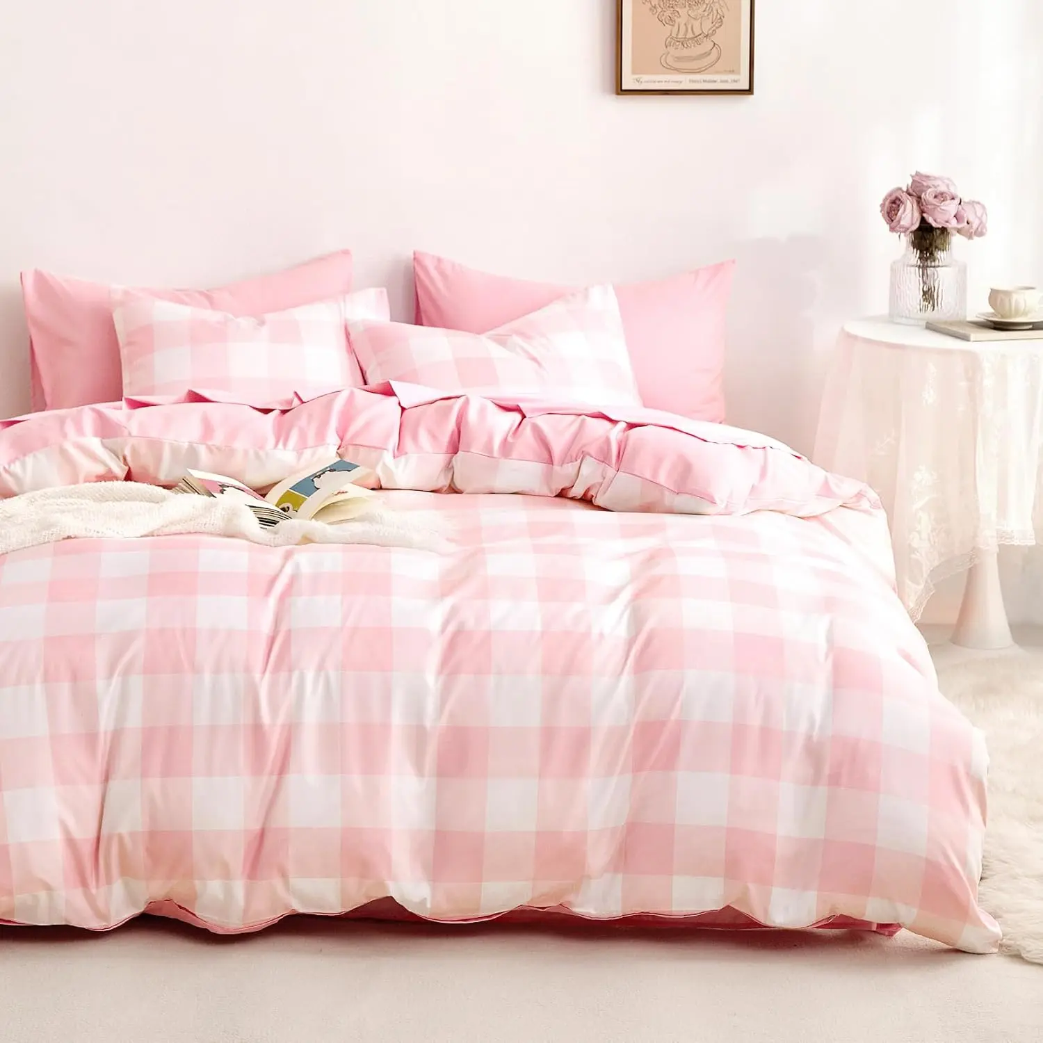 Gingham Duvet Cover Set, Plaid Buffalo Checker Cute Aesthetic Bedding for Teen Boys Girls, Soft Lightweight Dorm Bedding, 3-Piece, Light Pink White, Twin/Twin XL Size
