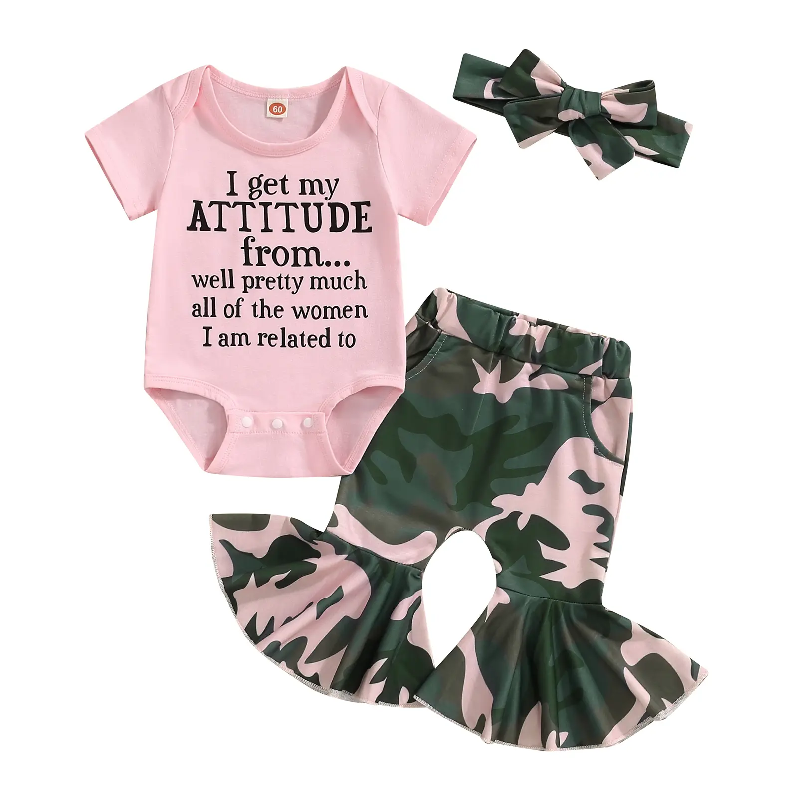 Newborn Baby Girl Summer Outfit I get my ATTITUDE from Print Short Sleeve Romper Bodysuit Camouflage Flared Pants Headband Clothes Set