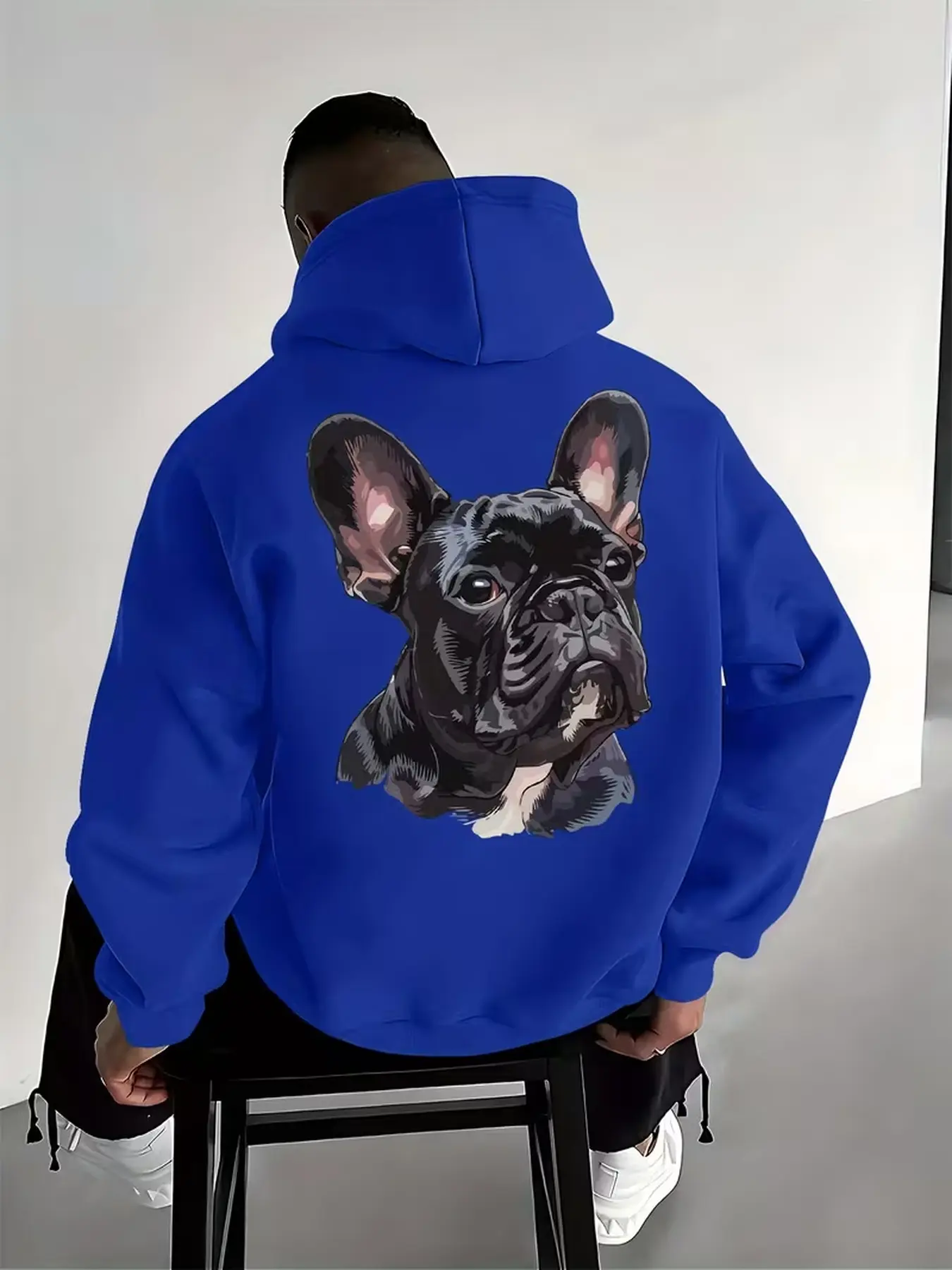 Men's versatile casual pullover hoodie with trendy French bulldog graphic print, comfortable sweatshirt for home leisure and outdoor daily wear.