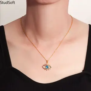 Gold Turkish Evil Eye Necklace for Women Hamsa Hand Pendant Sparkly Cubic Zirconia Choker Amulet Protection Spiritual Jewelry Gift Daily Party Wear