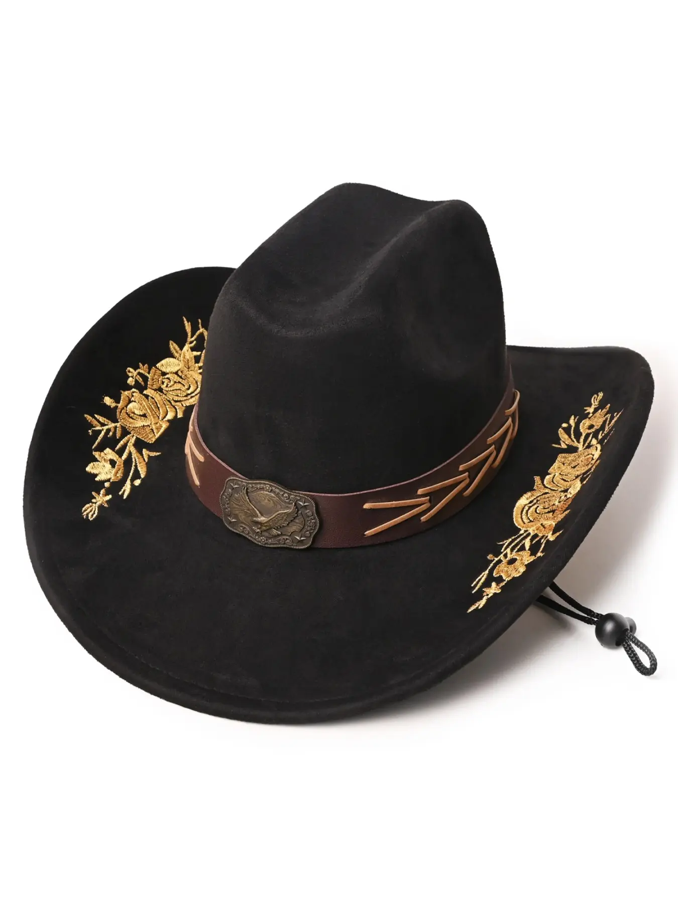 Vintage Wide Brim Western Sun Hat, Unisex Suede Replica, Gold Flower Embroidery, Eagle Buckle Belt, Adjustable Wind Cord, Cowboy Hat