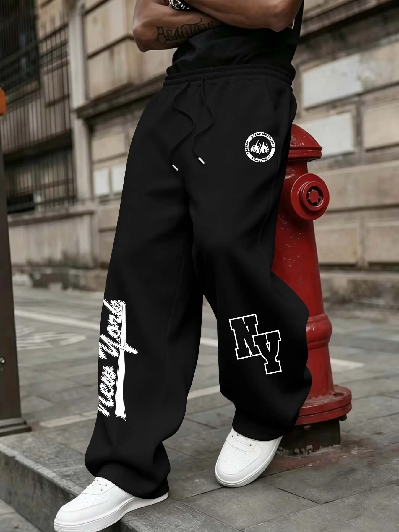 Men's Wide Leg Sweatpants, Nyc Theme Print, Loose Fit Drawstring Long Pants, Casual Fall & Winter Streetwear, High-Street Versatile Sports Pants, Street Style Sweatpants