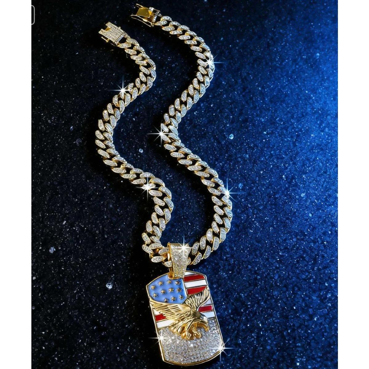 HIPHOP Jewelry Alloy Diamond Flag Eagle Pendant Necklace Men's Cuban Chain
