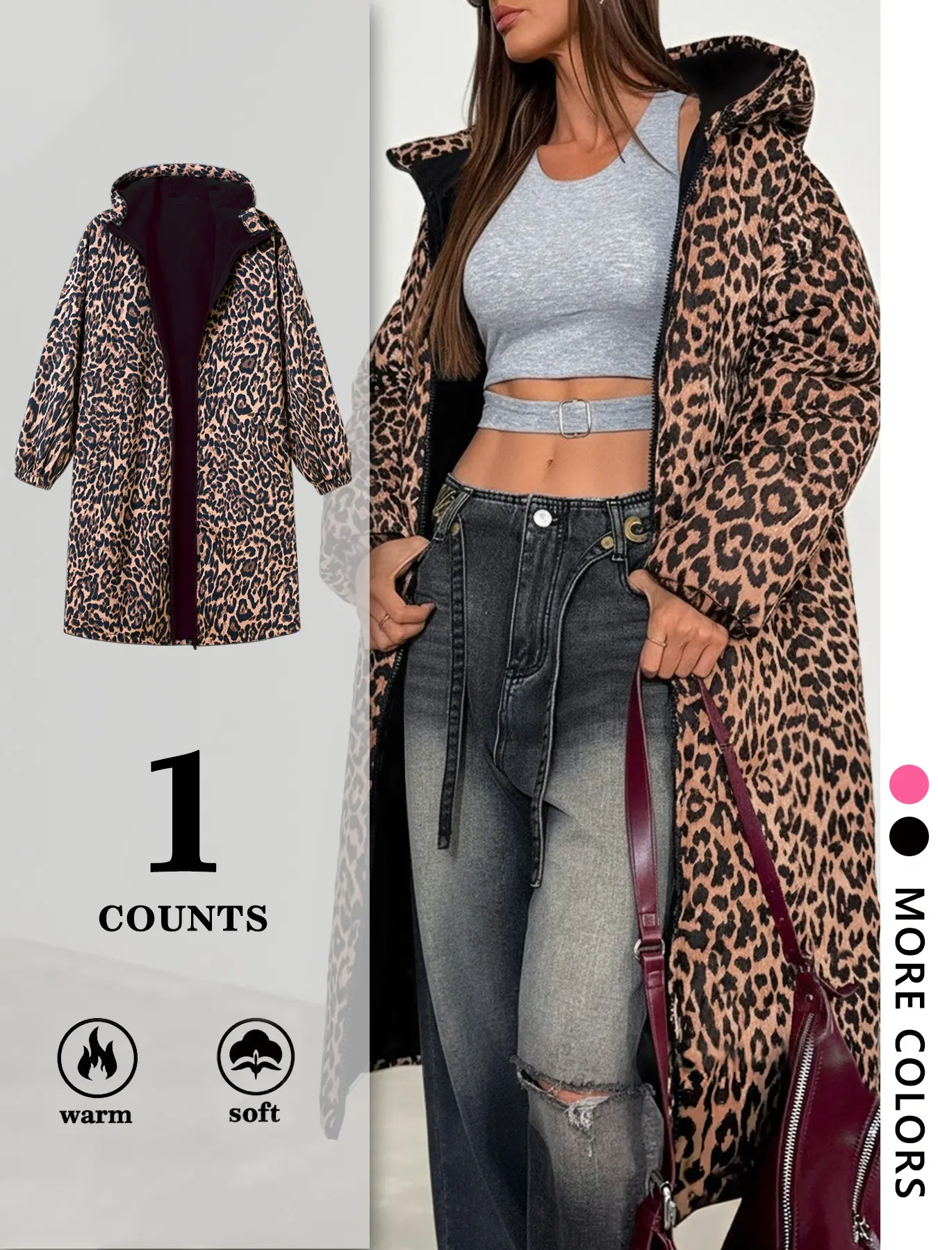Women's long, hooded leopard-print padded coat with zipper pockets; features a soft, warm lining—a winter parka with a retro Vintage Y2K streetwear