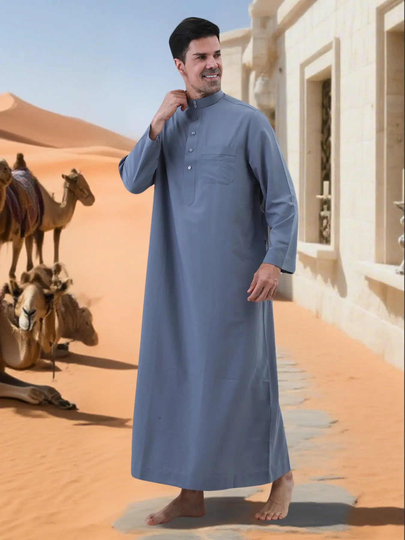 Comfortable Breathable Wrinkle-Resistant Men's Arab Robe, Loose Fit Muslim Stand Collar Long Sleeve, Middle East Travel Prayer Dress