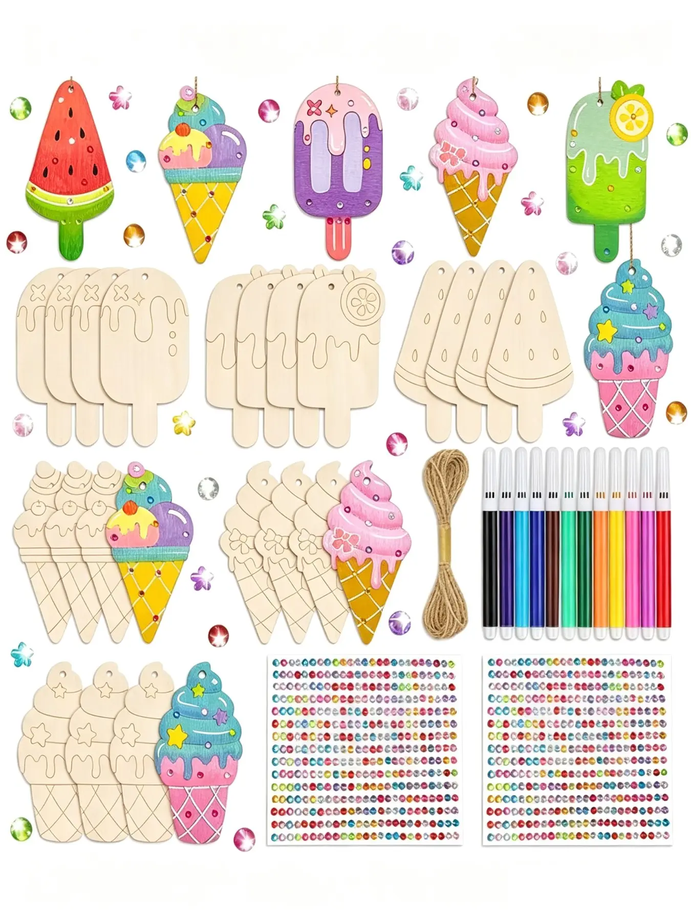 Ice Cream Wood Crafts Kit, 24pcs DIY Unfinished Wood, 12 Markers, 2 Gem Stickers, Twine, Creative Painting, Birthday Party Favors, School Art Supplies