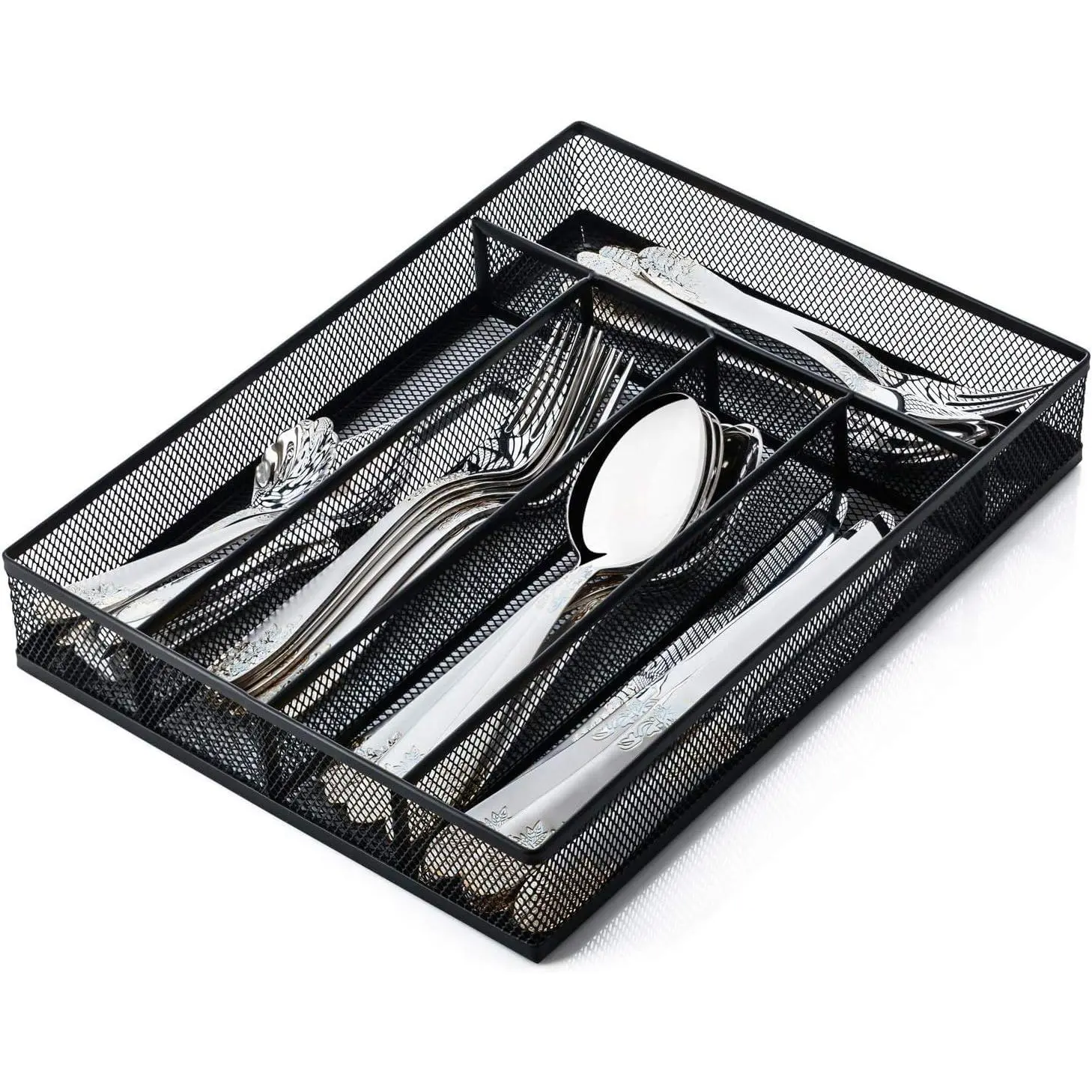 Silverware Organizer Metal Mesh, Small Drawer Organizer, Utensil Cutlery Tray for kitchen drawers, Flatware Organizer with 5 Compartment, Black(9.3"*12.6")
