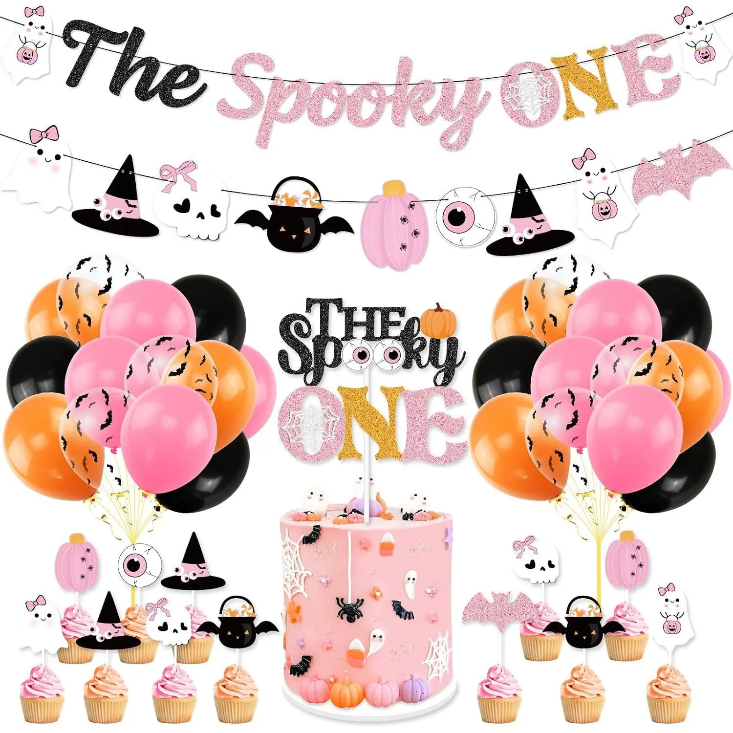 Pin Halloween Party Decorations - Spooy Banner,  Eyeballs, Pumpin Cae Topper & Latex Balloons for Girls' 1st Birthday
