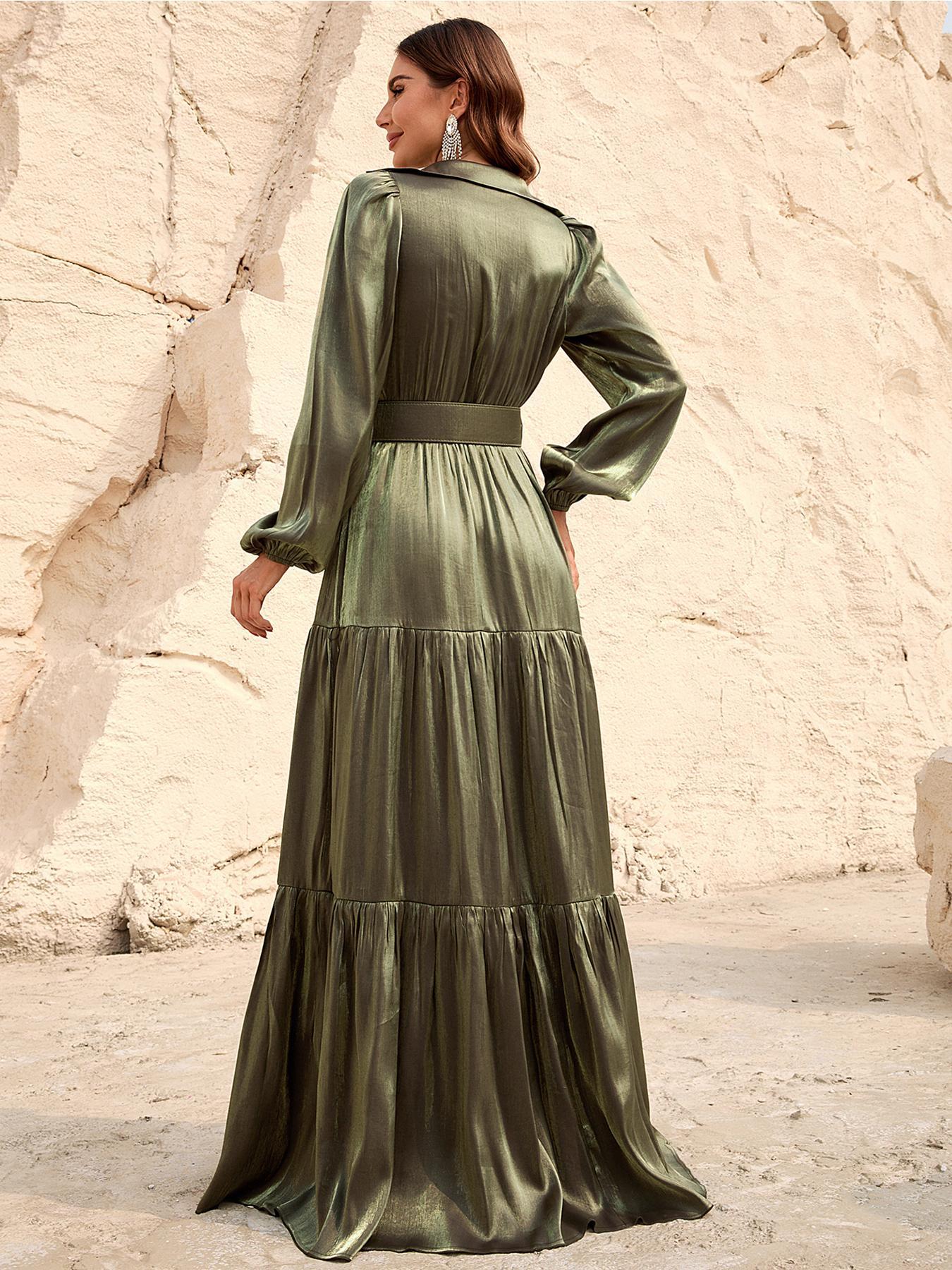 Women's Plain Buttons Belted Bishop Long Sleeve Vintage Chiffon Dress, Casual Wear, Christmas Party Dress, Elegant Collared Maxi Dress for Party Banquet Prom, Formal Dresses for Women, Ladies Fall & Winter Clothes