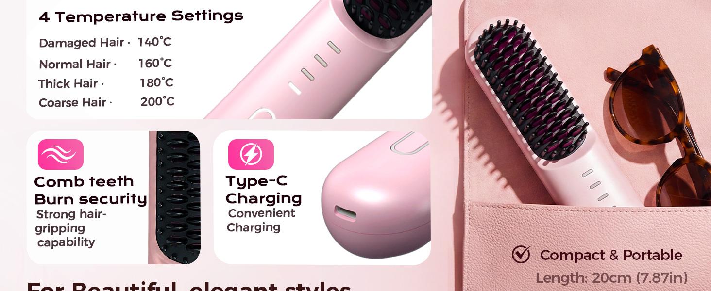 Go Brush - Pro for Short Hair - 2026 Upgraded Cordless Straightening Brush with 30s Fast Heat, 3 Temperature Settings, Ionic & Ceramic Care, 2500mAh USB-C Rechargeable for Frizz-Free Styling (Pink)