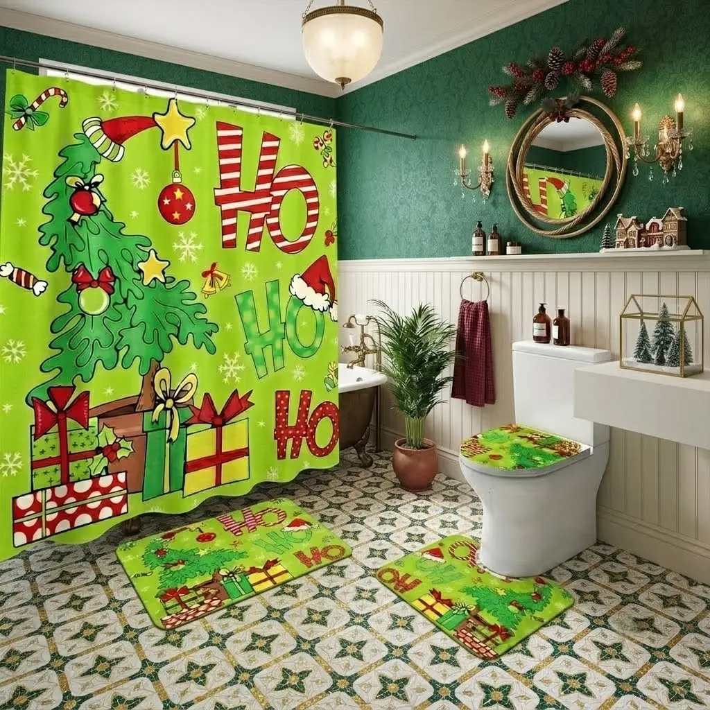 4pcsBright lime green cartoon 'Ho Ho Ho' Christmas tree gift box shower curtain set, complete with candy cane, snowflake, and Santa hat bath mat and toilet seat cover set, with thicker and softer mat material! Fun and joyful Christmas bathroom accessories