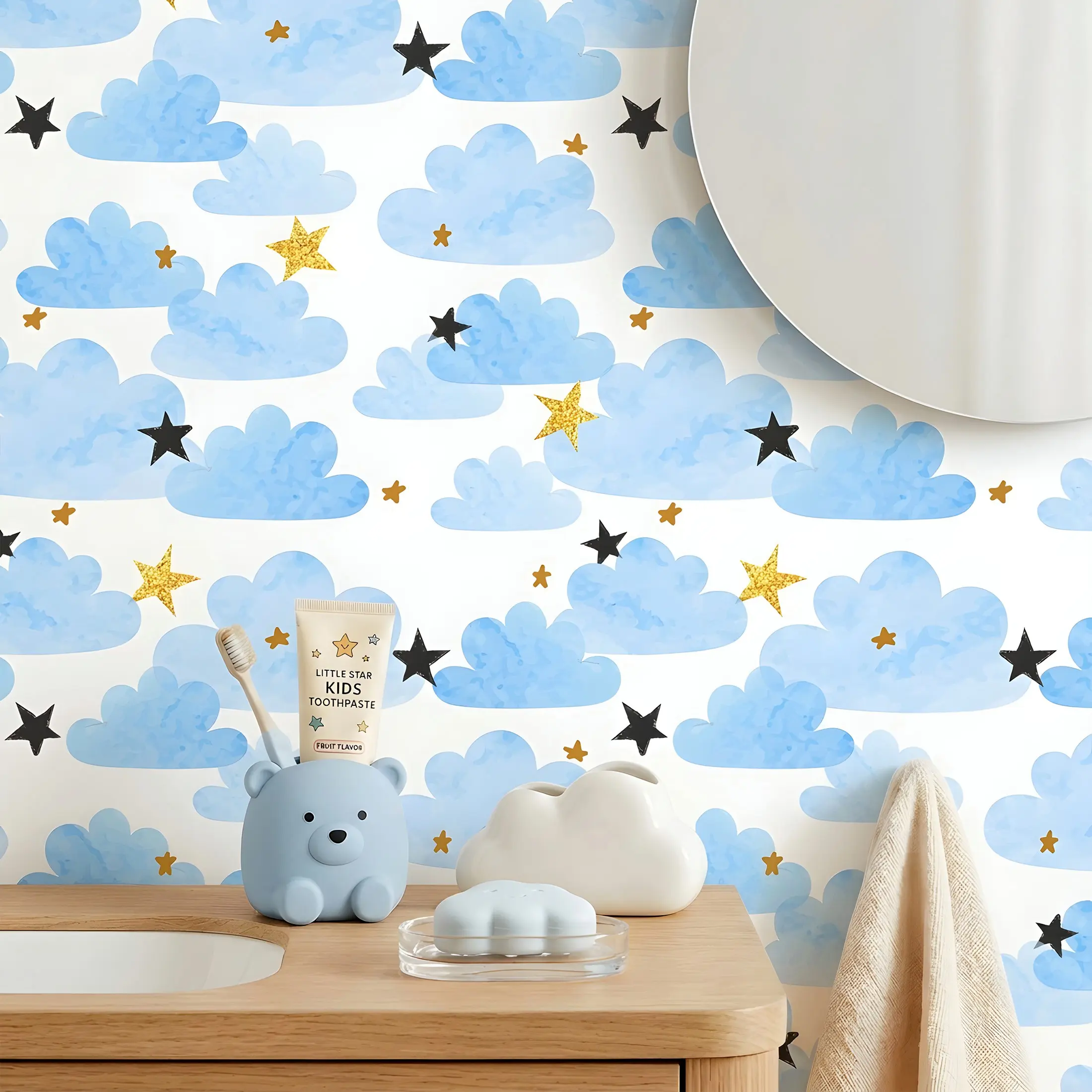 1 Roll Watercolor Blue Cloud Star Wall Decals, Self-Adhesive Fresh Boys Kids Wallpaper, Waterproof Furniture Decor Stickers, 44.5cm/17.5in Width, Easy to Cut & Install Cute Wall Decor, for Boys Bedroom Nursery Playroom Cabinet Wall Home Decor