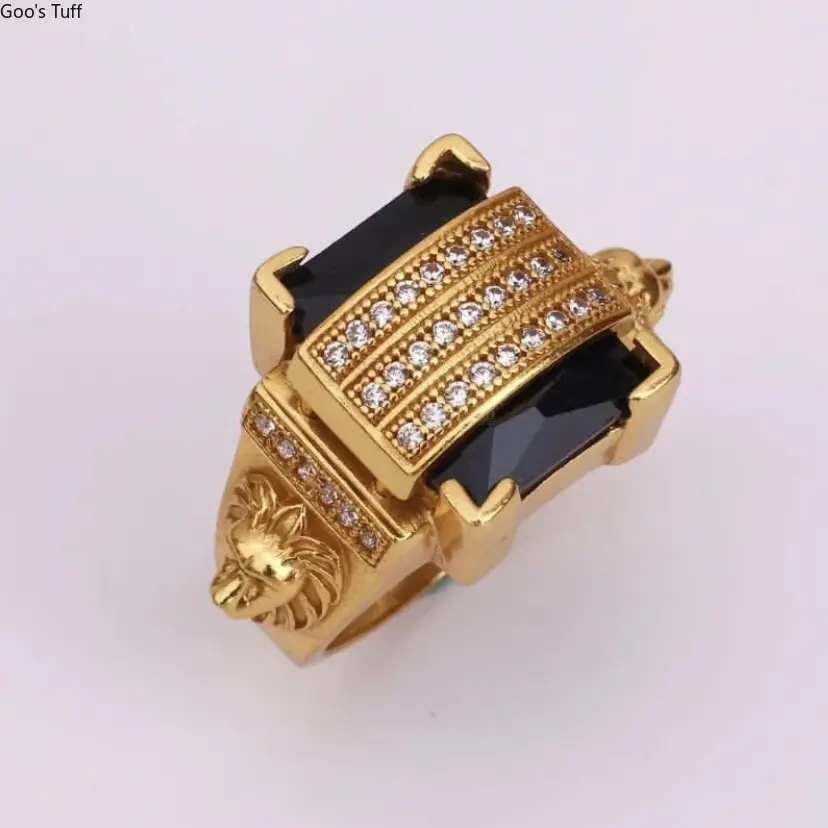Men's Gold-Plated Lion Head Ring - Rectangular Black Stone, Crystal-Paved, Domineering Punk Streetwear Costume Jewelry, Birthday Gift