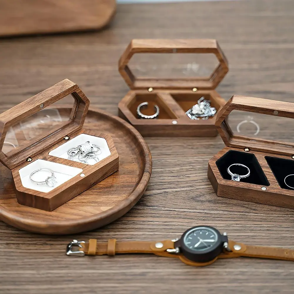 Rustic Wooden Ring Box with Velvet Lining – Multi-Purpose Proposal & Engagement Ring Holder, Desktop Earring Organizer, Romantic Wedding Keepsake Gift for Couples, Jewelry Display & Packaging