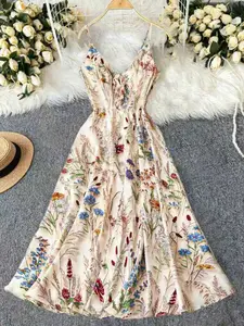 Women's Floral Print A-Line Skirt, Tie-Bow Thin Straps, Elegant for Vacation and Daily Wear, Stylish and Comfortable Dress