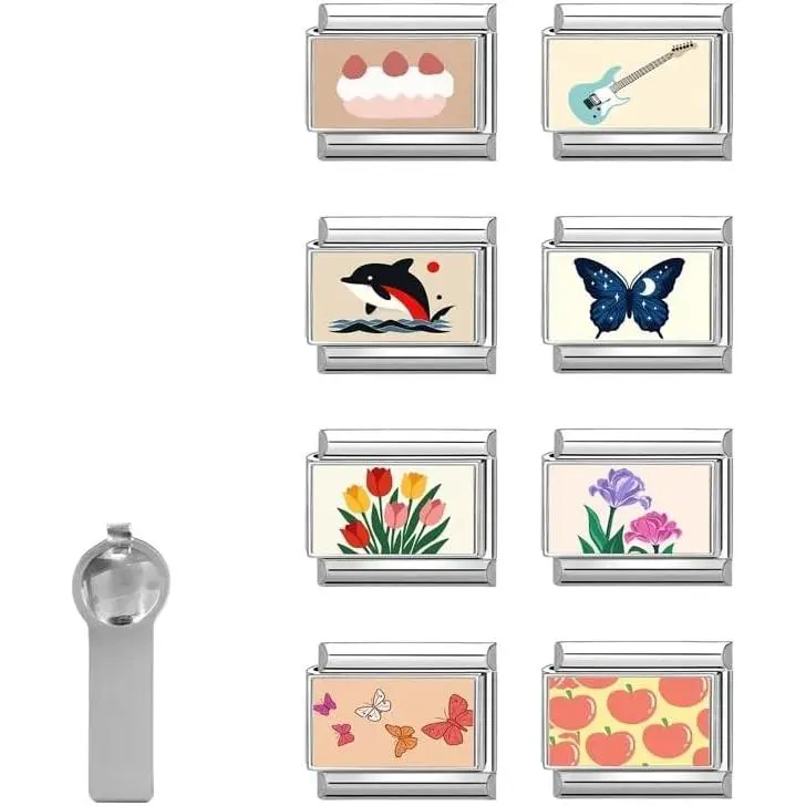 9mm Zinc Alloy Italian Charms Set - 8-Count Guitar & Butterfly Modular Bracelet Links, Jewelry DIY Tools, Retractable Snaps, Gift Option