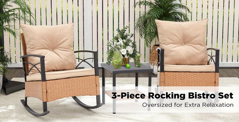 Patio Rattan Rocking Chairs Set of 3, Outdoor Dining Chairs with Cushion and Coffee Table, Patio Rocker Chair Set for Porch and Backyard Beige