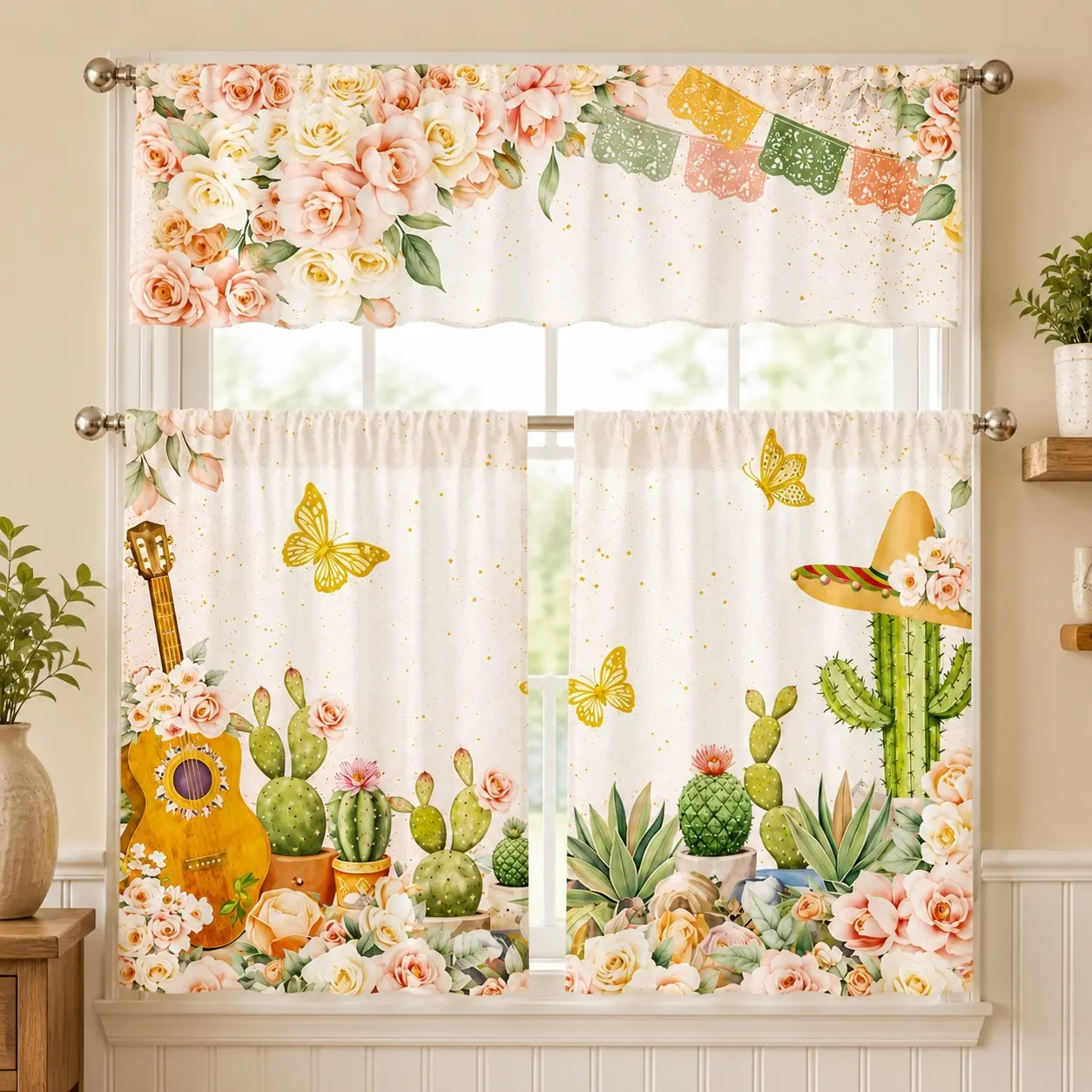 3-Piece Mexican Floral Print Curtain Banner Set - USA-Made, Semi-Sheer Rod Pocket 2D Flat Polyester Beautiful Patterns Curtains for Patriotic Day Decor, Bedroom Styling, Floral Print Curtains