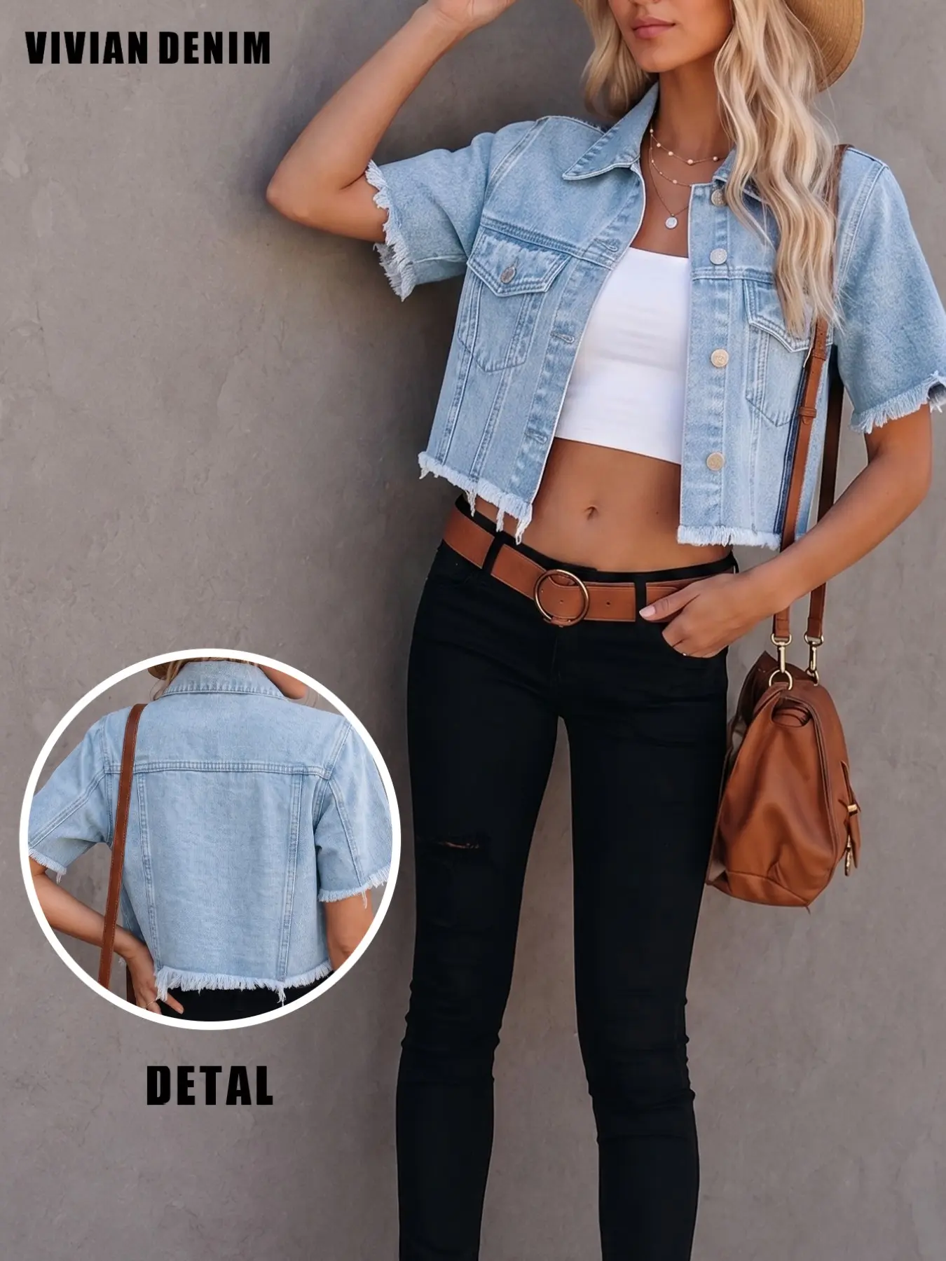 Vintage Washed Edge Short Sleeve Denim Jacket, Lapel Button Front, Summer Outerwear, Casual Versatile Lightweight Coat