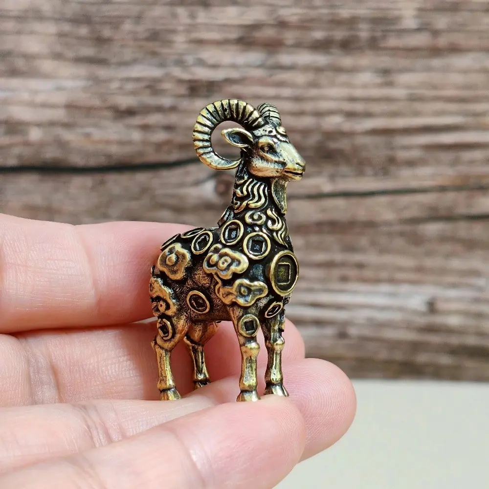 Vintage Brass Goat Statue, Intricate Relief Clouds and Ancient Coins Design, Lucky Wealth Goat Desktop Ornament, Tea Pet Collectible, Christmas Gift