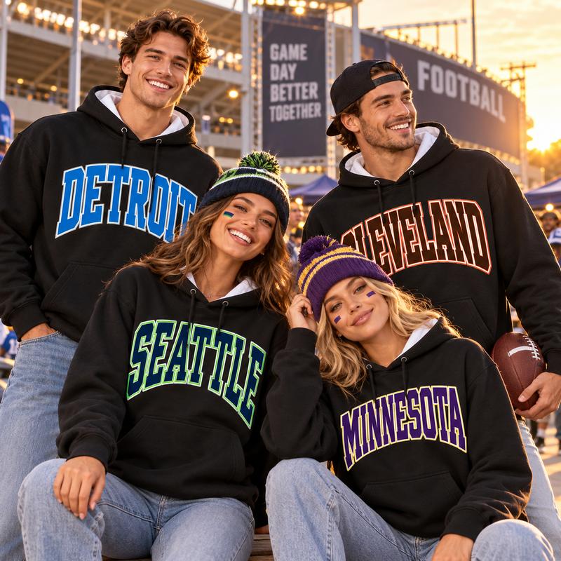 Unisex 32 Football City Menswear Hoodie, Vintage Graphic Black Longsleeves Pullover Sweatshirt, Stadium Style Fan Apparel Gift for Sports Enthusiasts