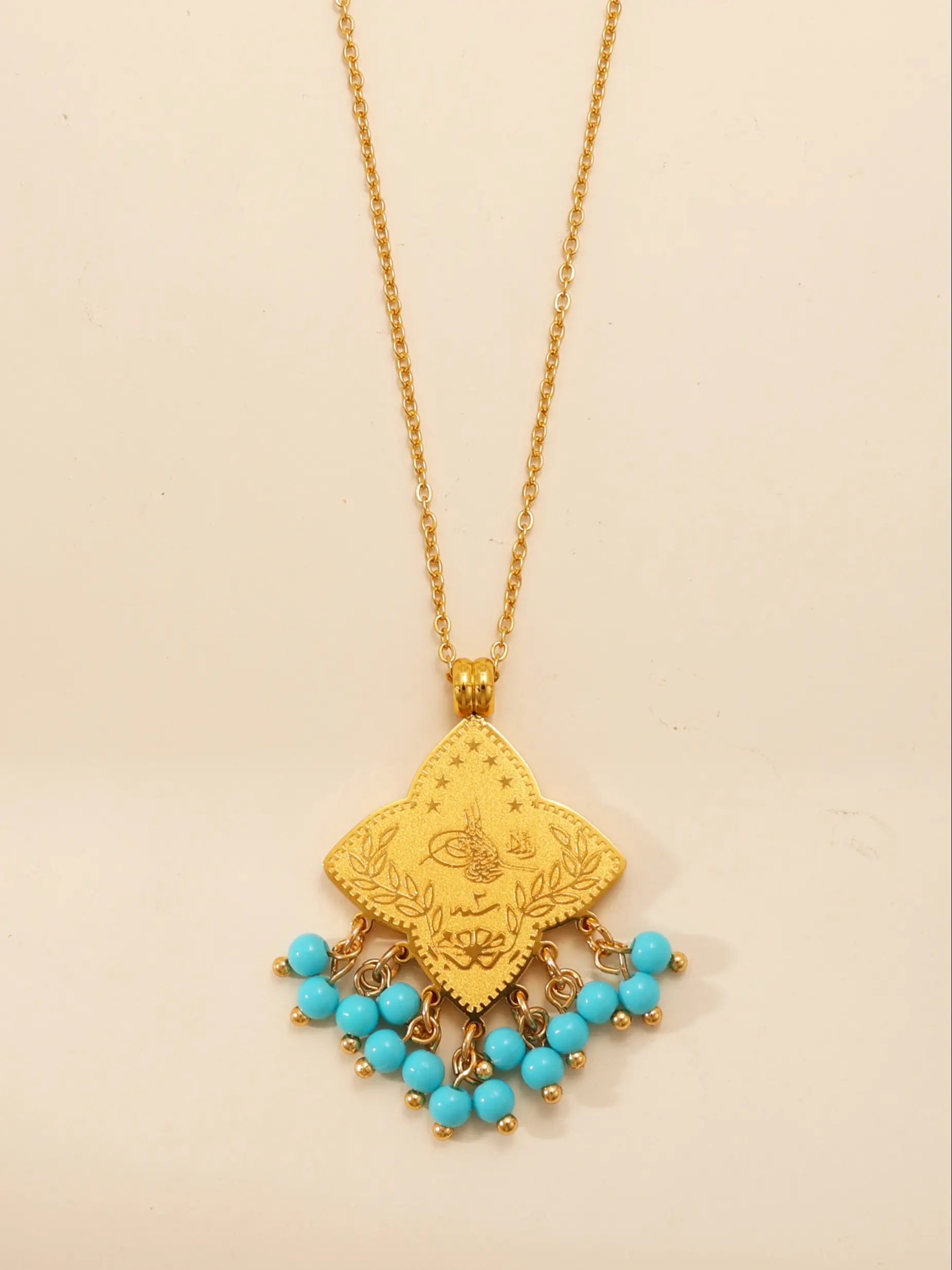 Clover Arabic Totem Pearl Bell Pendant Necklace, Middle Eastern Kurdish Fashion Coin Bell Jewelry, Women's Vintage Gift