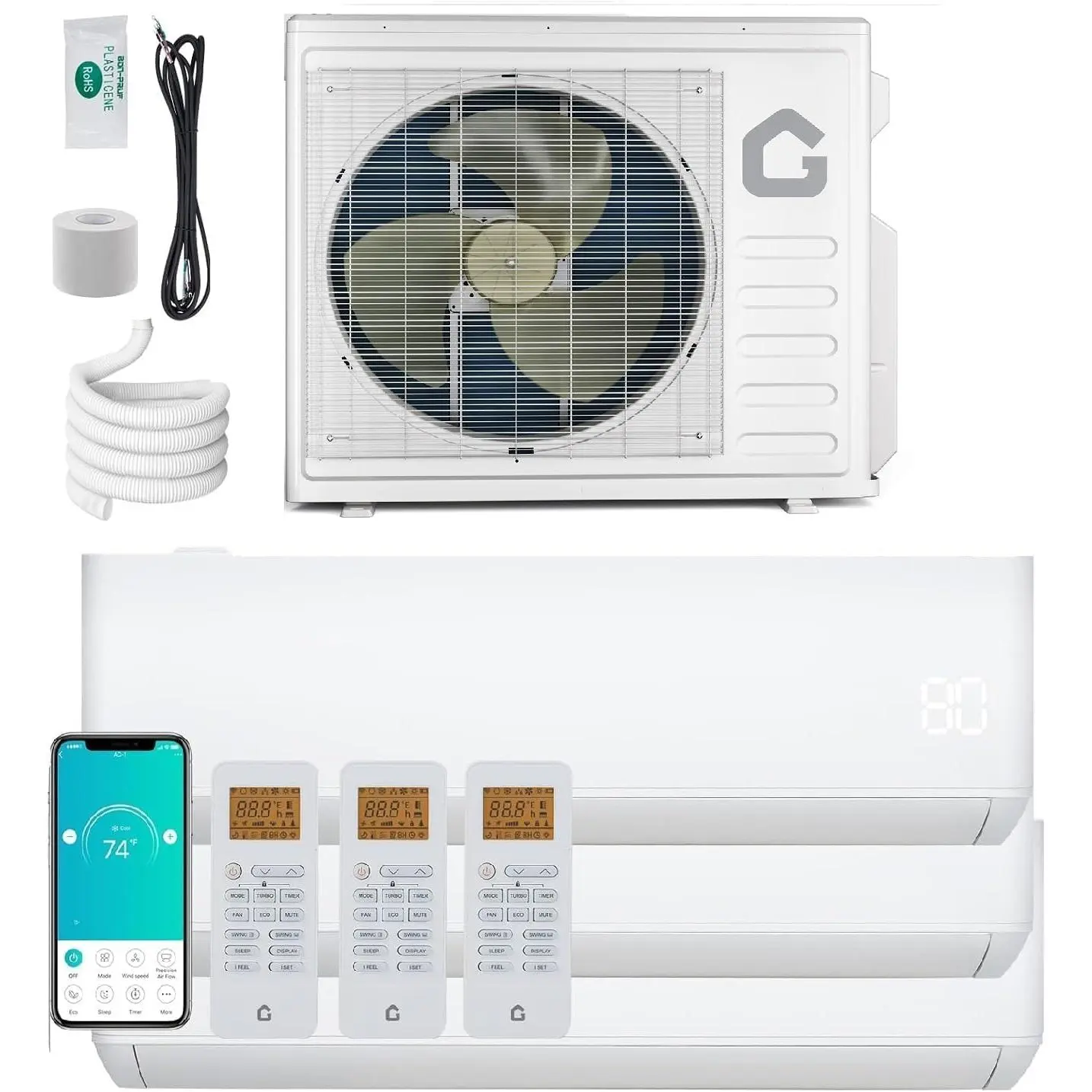 GAOMON 3-Zone Setup Ductless Heat Pump AC/Heating System, 35000 BTU, 19 SEER2 Wi-Fi Enabled, 2x9000 + 1x18000 BTU Indoor Units, Pre-Charged Condenser, 208-230V, All-Season Comfort