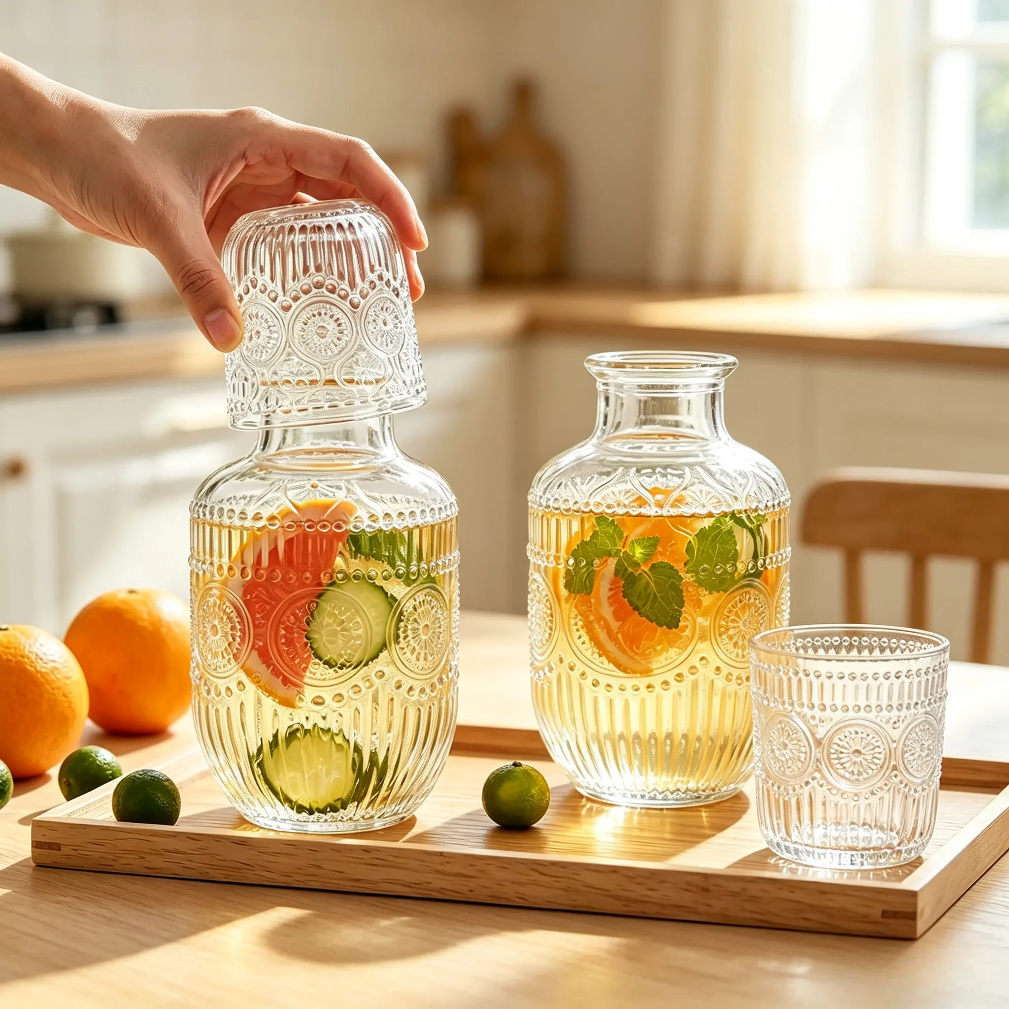 4-Piece Lead-Free Glass Bedside Carafe Tumbler Set - 18oz Water Pitcher with Lid, 5oz Cups, Room Decor for Bedroom, Home Organizer Storage Jar for Office Bathroom Nightstand juice bottle portable clear glass bottle dispenser bottle oil olive