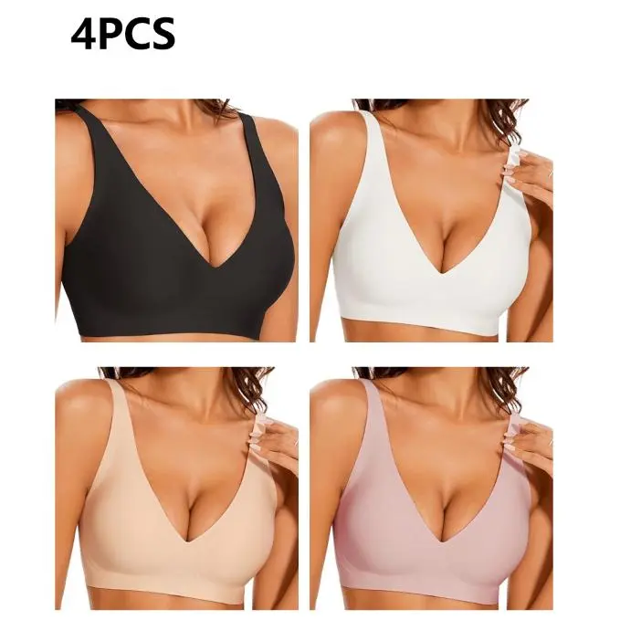 EssElegance 4-Pack Women's Seamless Bras. Essential Daily Bralettes in Black, White, Nude, and Pink. Wireless Deep V-Neck Comfort Lingerie for Everyday Wear. Invisible Under Clothing, Soft, Breathable Push-Up Support for All-Day Confidence.