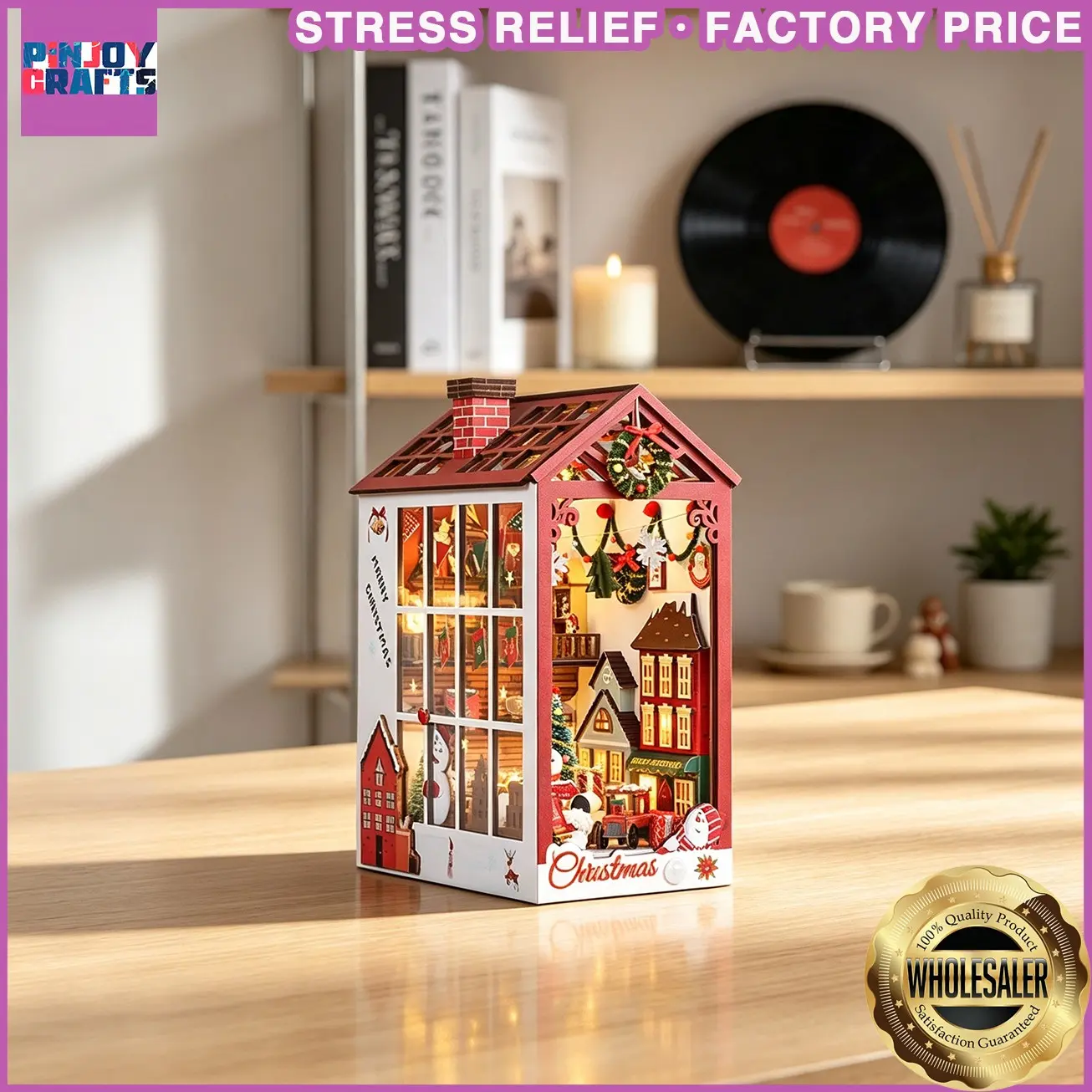 Creative Christmas Book Stand House, DIY Wooden Craft Kit, Mini Dollhouse Set with Music Box, Unique Shelf Decor, Perfect Gift for Ages 13+