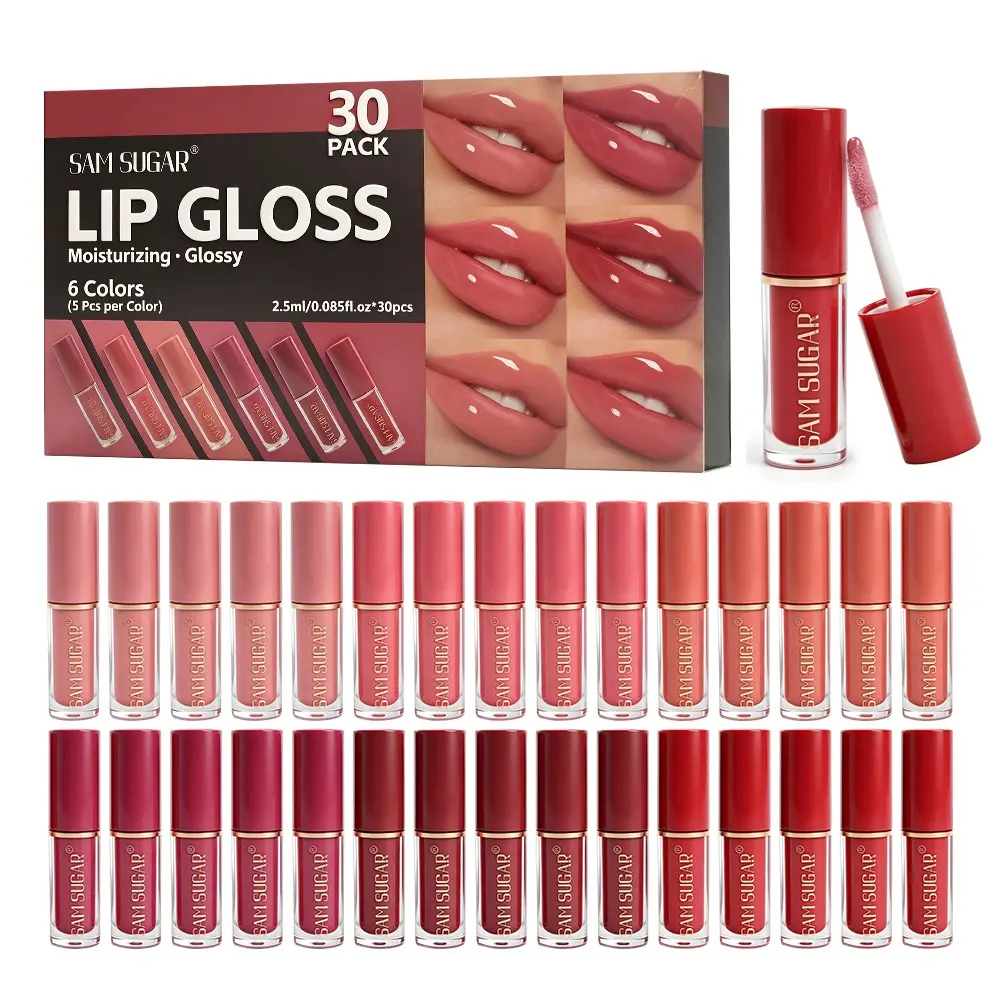 Sam Sugar Mini Lip Oil Set, 30 Pieces, 6 Colors, Moisturizing Lip Balm, Hydrating Lip Gloss, Reduces Fine Lines, Fall Winter Essential
