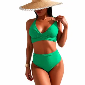 Bathing suits 2026 New Women’s Green Ribbed Bikini Set, Halter Wrap Crossover Top and High Waisted Bottom, Soft Stretch Textured 2 Piece Swimsuit for Beach Pool Vacation bikinis swimsuits piece women tankini swim set shapewear swimsuit