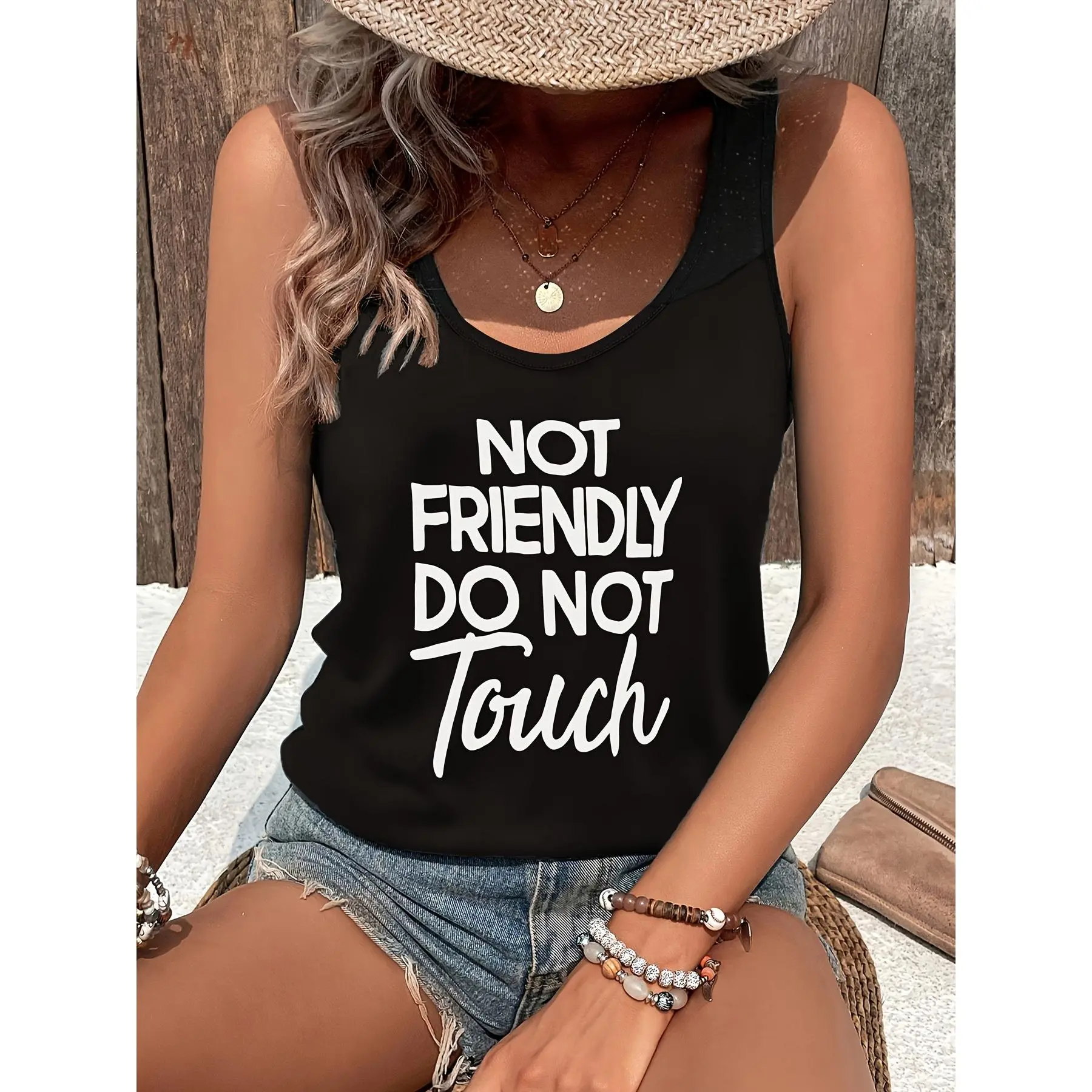 [Women's Letter Print Tank] Women's Casual "Not Friendly Do Not Touch" Letter Print Sleeveless Crew Neck Tank Top - Black Summer Vest for Casual Attire