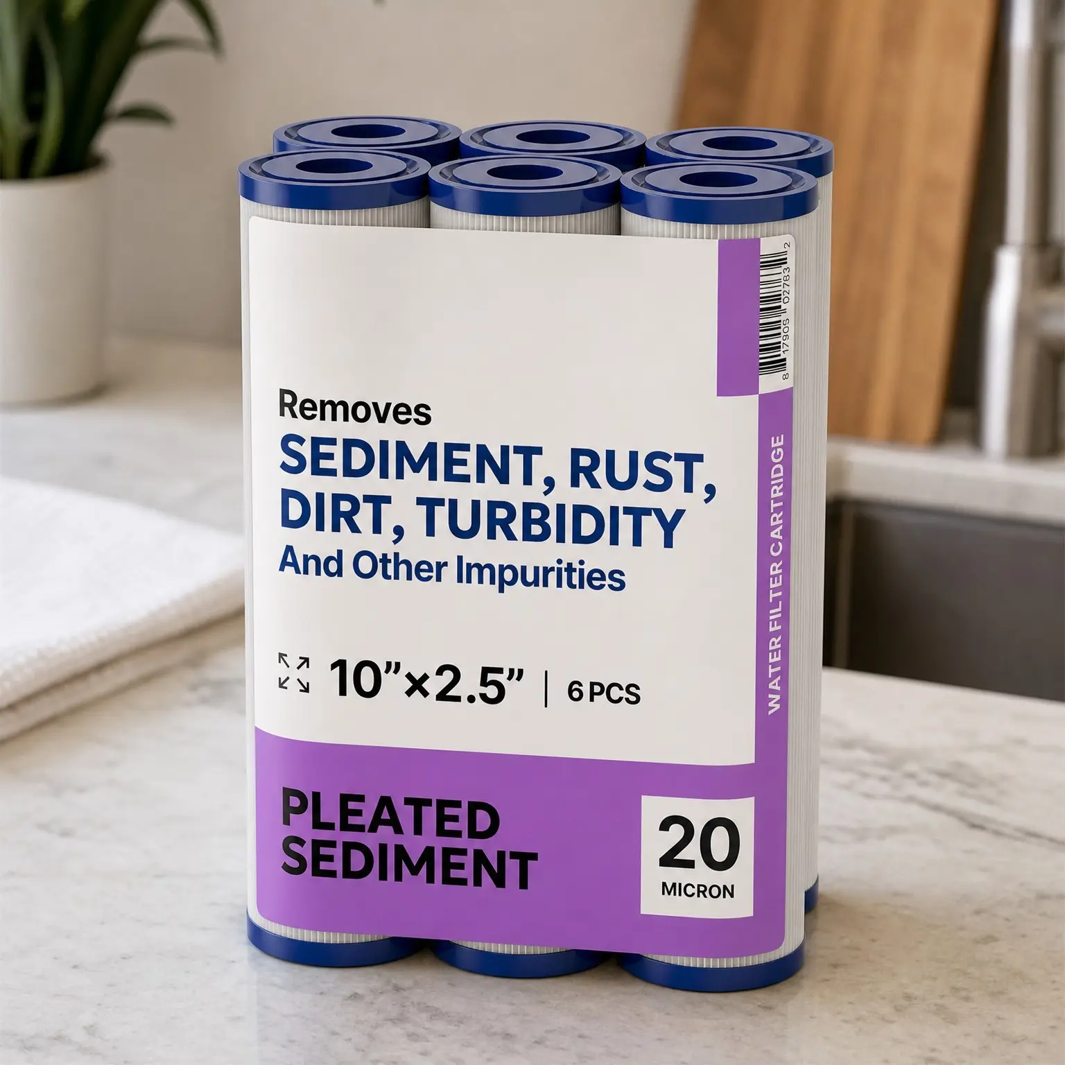20 Micron Pleated Sediment Filter Cartridge 10" x 2.5" Whole House Water Filter Replacement Compatible with WFPFC3002, WHKF-WHPL, 6-Pack