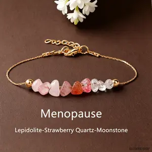 Witchy Boho Healing Energy Crystal Bracelet, Irregular Mixed Lithium Mica Strawberry Quartz Moonstone Wrist Jewelry, Hormone Balance Wellness Stack Accessory For Women Daily Casual Self-Care Outfits